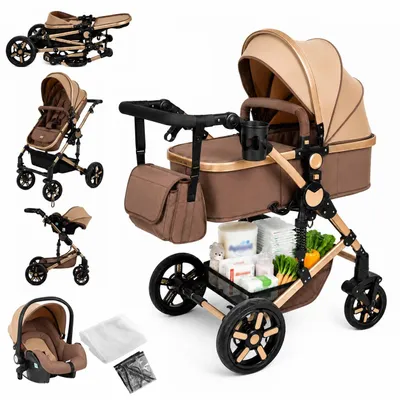 Obrázok produktu pre Kočík 3 v 1 – kombinovaný kočík – pre novorodencov – skladací – otočná sedačka – nastaviteľná opierka – veľká strieška – farba: khaki