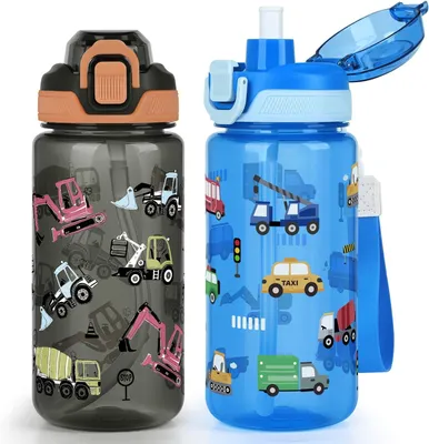 Zdjęcie produktu dla Zestaw dwóch butelek do picia dla dzieci, pojemność 600 ml, szczelne, z wysuwaną słomką, idealne do szkoły i na zajęcia sportowe