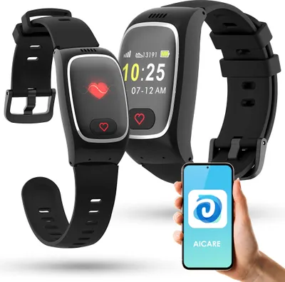 Two smartwatches and a smartphone displaying an app logo.