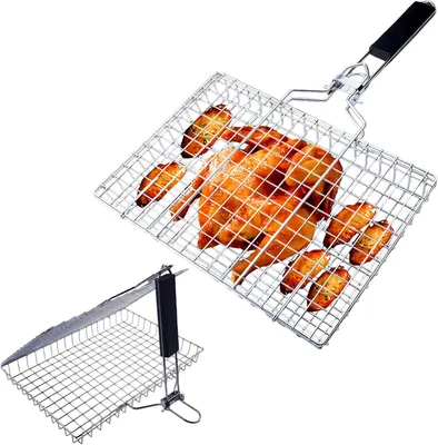 Obrázek produktu pro Grilovací koš, 1 kus, nerezová ocel 304, s dřevěnou rukojetí, s nepřilnavým povrchem, vhodný pro klobásy, zeleninu, maso, ryby