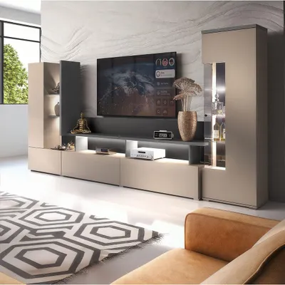 Produktbild von Wohnzimmer Set mit Vitrine & Wohnwand in beige mit anthrazit inkl. Beleuchtung - SELCE-63