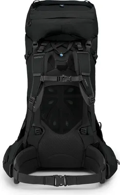 The back view of a black Osprey Aether 65 II L/XL outdoor rucksack.