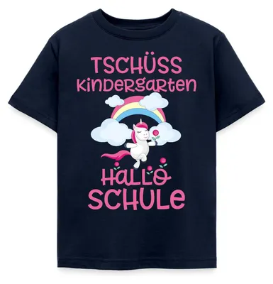 Produktbild von Spreadshirt Einschulung Einhorn Tschüss Kindergarten Hallo Schule Kinder T-Shirt, 122/128 (7-8 Jahre), Navy