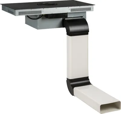 A kitchen appliance, specifically an induction cooktop with an integrated downdraft ventilation system, shown from a side-angle against a white background.
