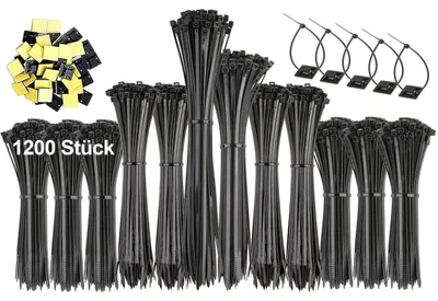 Obrázok produktu pre Sada čiernych plastových stiahovacích pásov, 1200 kusov, UV odolné, samozacvičovacie, dĺžka 100-250 mm, s 50 lepiacimi držiakmi