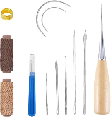 Produktbild von Leder-Nähset mit Nähnadeln, gewachsten Fäden und Nahttrenner