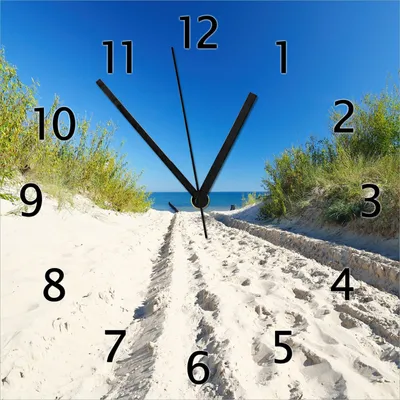 Produktbild von Wallario Design Wanduhr Auf dem Sandweg zum Strand - Blauer Himmel über dem Meer aus Echtglas, Größe 30 x 30 cm