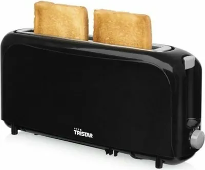 A black two-slice toaster with two slices of toast in it, against a white background.