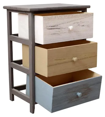 Produktbild von Nachtkommode im Vintage-Stil mit 3 Schubladen aus Paulownienholz, Grau Beige Blau, für Schlafzimmer und Wohnzimmer – Maße: 56 x 40 x 29 cm (HxLxB)