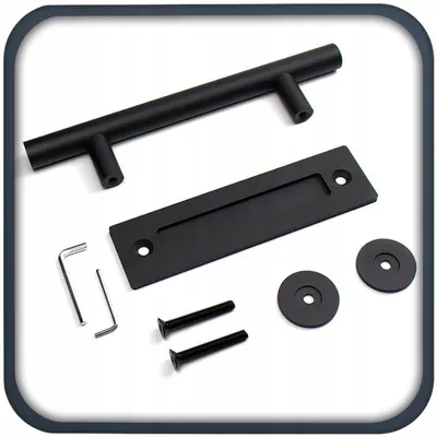 A set of black door handles and hardware components are laid out on a white surface.
