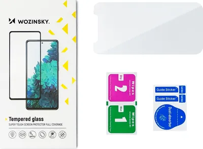 The image shows the packaging and contents of a Wozinsky tempered glass screen protector.