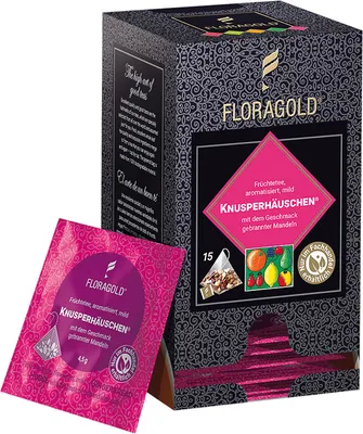 Produktbild von Floragold Früchtetee Knusperhäuschen®, 15er Pyramidenbeutel