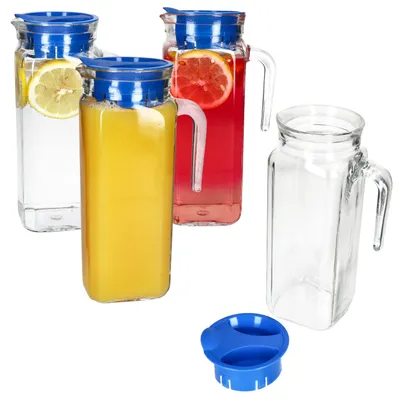Produktbild von 4x KARO Kühlschrankkrug mit Deckel blau 1L Henkel Glas-Karaffe Kanne Saft Wasser