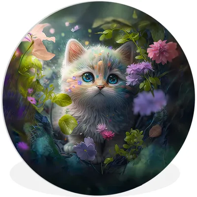 Produktbild von MuchoWow® Rundes Wandbild - Runde Bilder Kätzchen - Blumen - Wald - Illustration - Katze Ø 90 cm Kreis Wanddekoration Kunststoff - Wandkreis - Wandschmuck - Wand-Kreis - Wohnzimmer - Bild - Runde - Wanddeko - Dibond - Kunstdrucke