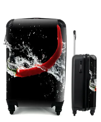 Produktbild von MuchoWow® Koffer Handgepäck Trolley Rollkoffer Kleine Reisekoffer mit 4 Rollen - Chilischote - Stilleben - Wasser - Schwarz - Rot - Cabin Size < 55x40x23 cm & 55x40x20 cm - Fotokoffer - Kabinenkoffer - Boardgepäck - Reise-Box - Reisekoffer - Reisegepäck - Koffer mit Bild - Trolley für Kinder