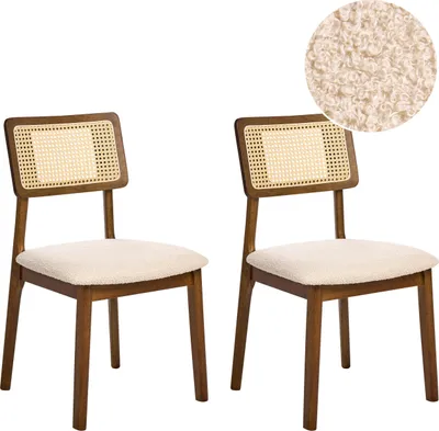 Produktbild von BELIANI Esszimmerstühle 2er Set Dunkelbraun / Hellbeige Bouclé Gummibaumholz Wiener Geflecht Stoffsitze Ohne Armlehnen Retro Stil Esszimmer Holzstühle