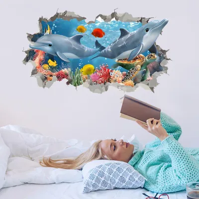 Productafbeelding van Wandsticker dolfijn - Zelfklevende wanddecoratie met zeedieren - Wanddecoratie voor woonkamer en slaapkamer - 90x78 cm