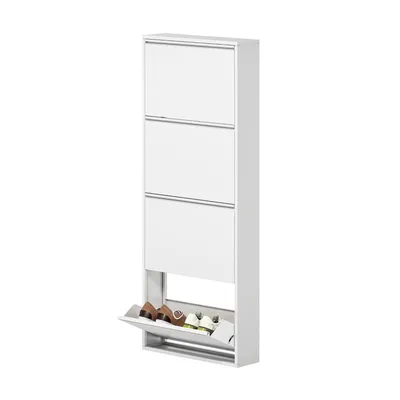 Produktbild von Schuhschrank mit 4 Klappen Schuhregal aus Metall bis zu 8 Paar Schuhe Schuhschränke Schuhkommode für Eingangsbereich 55x15x139,5cm Weiß
