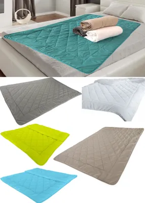 A collage of quilted blankets in various colors, with one blanket shown on a bed with towels.