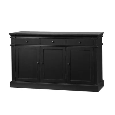 Zdjęcie produktu dla Amaretta kredens antyk czarny patynowany, z 3 drzwi i 3 szufladami, szerokość 142 cm, wysokość 86 cm.