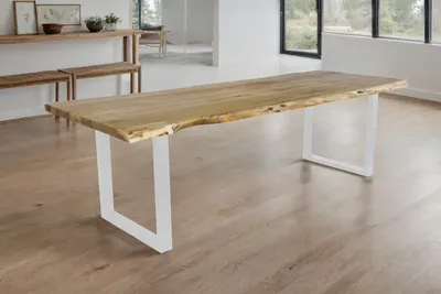 Produktbild von Esstisch Baumkante Akazie massiv eichenfarben 260 x 100 U-Gestell weiß CALI