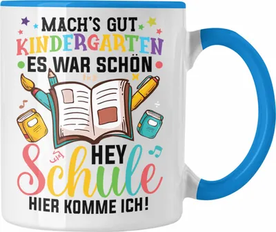 Produktbild von Trendation - Tschüss Kinderkarten Hallo Grundschule Tasse Geschenk zur Einschulung Erster Schultag (Blau)