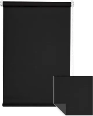 A black roller blind is shown, with a close-up inset of the fabric.