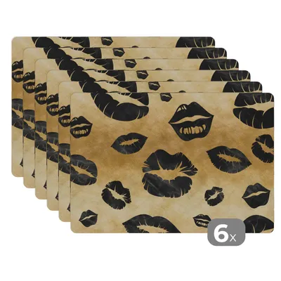 Obrázok produktu pre MuchoWow® Podložky Sada 6 podložiek Umývateľné podložky 30x45x0.3cm Vzory - Kiss - Gold - Black Podložka pod stôl Nekĺzavá a odolná voči teplu