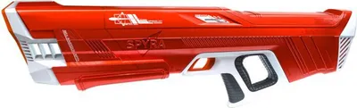 A red and white SpyraThree water gun is shown against a white background.