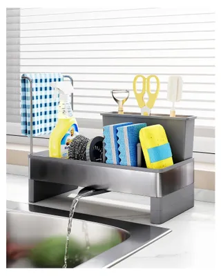 Produktbild von Organizer für Küchenspülbecken – Schwammhalter mit automatischer Abflussfunktion – für Schwämme, Bürsten & Handtücher, Aufbewahrung von Spülutensilien & Küchenorganisation (Grau)