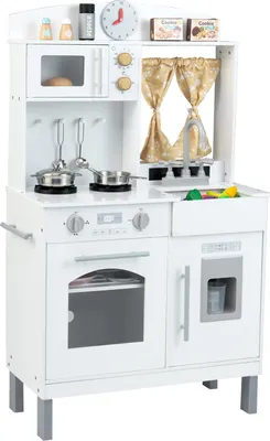Image de COSTWAY Cuisine pour enfants, Cuisine de jeu réglable en hauteur avec micro-ondes, cuisinière, évier, four, machine à glaçons&accessoires, Cuisine de jeu en bois pour enfants 3+