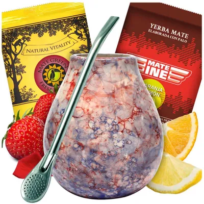 Image de Thé maté Mate Green Set - Tasse à thé maté en céramique Caleidoscope 350 ml - Thé brésilien Yerba Mate 2 x 50 g avec fruits et herbes en vrac