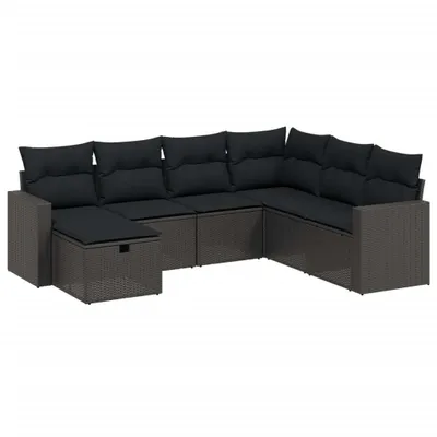 Produktbild von 7-tlg. Garten-Sofagarnitur, Lounge-Set für Außenbereich, UV-beständiges Poly Rattan, pulverbeschichteter Stahl, Schwarz, mit abnehmbaren Kissenbezügen