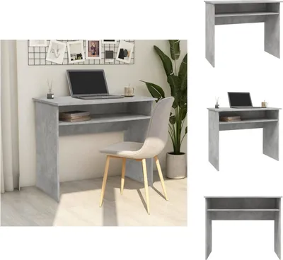 A collage of images showing a gray desk with a laptop and a chair, and separate images of the desk.
