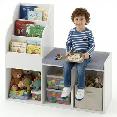 Produktbild von KOMFOTTEU Kinderregal mit Sitzbank, Bücherregal 3 Ebenen mit 3 offenen Aufbewahrungsfächern, Kinderzimmerregal mit Kippschutz-Set, Spielzeugsregal für Kinderzimmer & Leseecke , 80 x 29,5 x 81,5 cm, Weiß