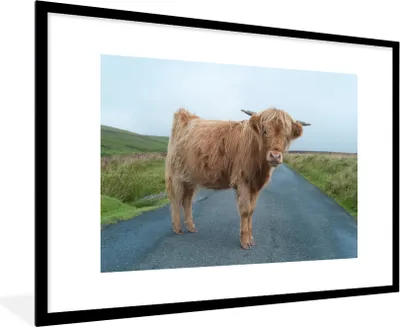 Produktbild von MuchoWow® Gerahmtes Poster Scottish Highlander - Straße - Gras 90x60 cm - Poster mit Schwarzem Bilderrahmen Wandposter Rahmen Foto Bilder - Wanddekoration - Fotos