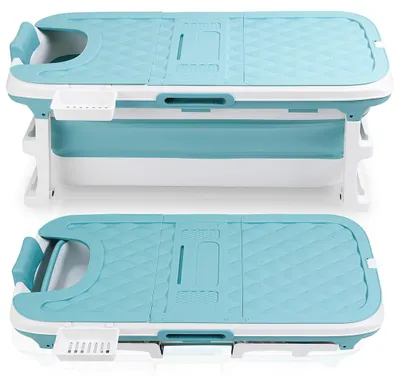 Produktbild von Vigevee Faltbare Badewanne 132x60x50cm Blau aus PP- und TPE-Kunststoffstoff mit Massagerollen & Abflussrohr für Erwachsene