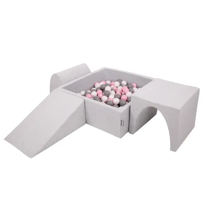 Obrázek produktu pro KiddyMoon pěnové hřiště pro děti s kulatým míčkem (200 ∅ 7cm), měkká překážková dráha a Kvadrát bazén s míčky, certifikováno  EU, Světle šedá:Bílá/Grey/Pudrově růžová, Version 2