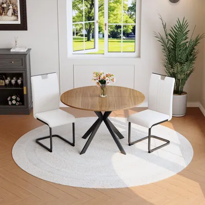 Image de Table de salle à manger ronde + 2 chaises en similicuir blanc, structure métallique, ensemble de cuisine moderne pour la maison