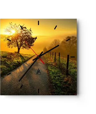 Produktbild von Wanduhr - Quadrat - Glasuhr - Feld Straße Baum - 40x40cm - Schleichendes Uhrwerk - Lautlos - zum Aufhängen bereit - Dekoration Modern - Wanddekoration aus Glas - C3AC40x40-3851