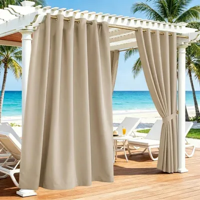 Image de 1 rideau d'extérieur infroissable avec œillets, rideau occultant opaque, rideau thermique imperméable pour balcon et jardin, 132 x 213 cm, couleur : beige