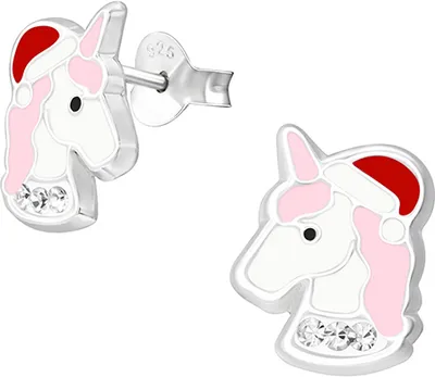 Produktbild von Weihnachtsohrringe: Kinder Ohrstecker Silber 925 „Einhorn mit Weihnachtsmütze“