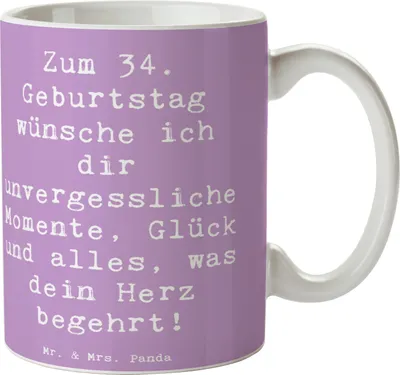 Produktbild von Mr. & Mrs. Panda Kaffeetasse Spruch 34. Geburtstag Glückwünsche - Lavendeltraum - Geschenk, Tasse, Geburtstagsgeschenk, bedruckt, Feier, Kaffeebecher, Happy Birthday