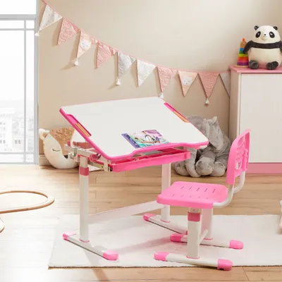 Produktbild von Kinderschreibtisch mit Stuhl TUTTO in weiß/rosa höhenverstellbar und neigbar mit Schublade und Stifterinne, Schreibtisch höhenverstellbar für Kinder, Tisch mit neigbarer Arbeitsfläche mit Rucksackhalt
