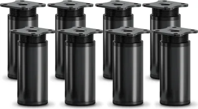 A set of eight black, cylindrical furniture legs with mounting plates.