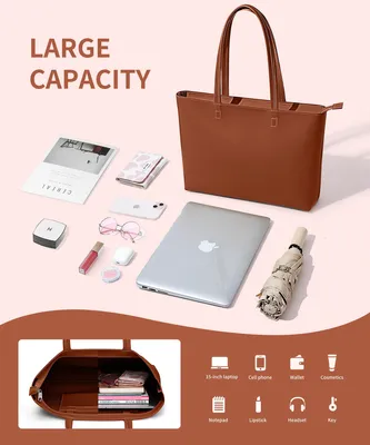Imagen del producto de Bolso de mano para mujer, gran bolso de compras de cuero sintético, impermeable, 43x27x8,4 cm, con cierre de cremallera, ideal para el trabajo