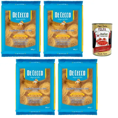 Produktbild von De Cecco Italian Gourmet Bundle 4x Capelli d’Angelo Nr. 209 500g + Italian Gourmet Polpa, sehr feine Pasta, Engelshaar Nudeln, dünne Suppennudeln, italienische Nudeln, 4 x 500 g