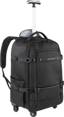 A black backpack with wheels and a retractable handle.