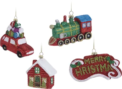 Immagine prodotto di Set di decorazioni da appendere per l'albero di Natale - MERRY CHRISTMAS - treno, casa, auto, cartello