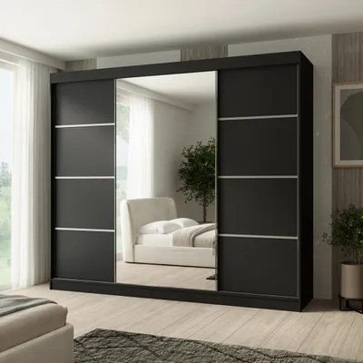 Produktbild von Schiebtürenschrank PACO 250 cm - Kleiderschrank inkl. 3 Schiebtüren Schrank mit Spiegel & Kleiderstange, Farbe: Schwarz